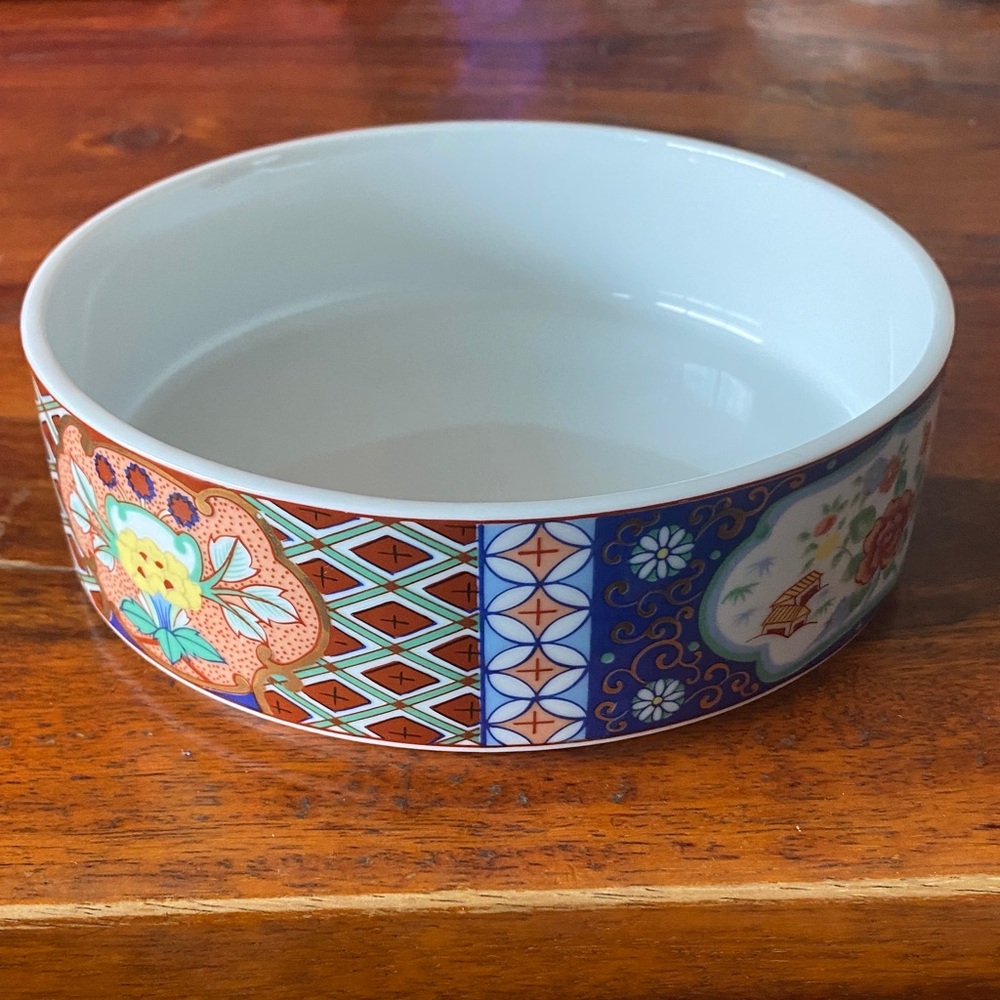 Miyako Blue and Orange Trinket Bowl, made in Japan. 6"